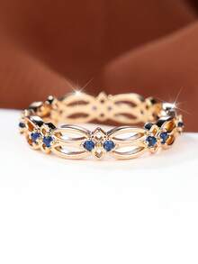 1pc Minimalist Delicate Hollow Ring With Micro-Inlaid Blue Zirconia, Suitable For Girls' Daily Wear Or Elegant Outfits - Yellow Gold - View 4