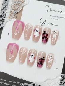 30pcs Of Press On Nails Short Coffin-Shaped Fake Nails,Halloween Nails,Cute Nude Ghost Pumpkin Skull Fake Nails,Gothic Style,Removable Fake Nails Set,Festival Fake Nails - Multicolor - View 3