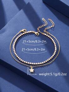 Nooxian 2pcs/Set Minimalist Vacation Style Five-Point Star Pendant Anklet Layered Rhinestone Studded Anklet Set For Women - Yellow Gold - View 6