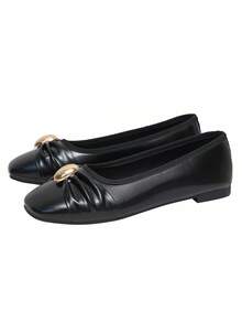 New Women's Pleated Metal Decor Flat Shoes, Black Soft Leather Square Toe Low-Top Comfortable Flats, Suitable For Office Commute - Black - View 9
