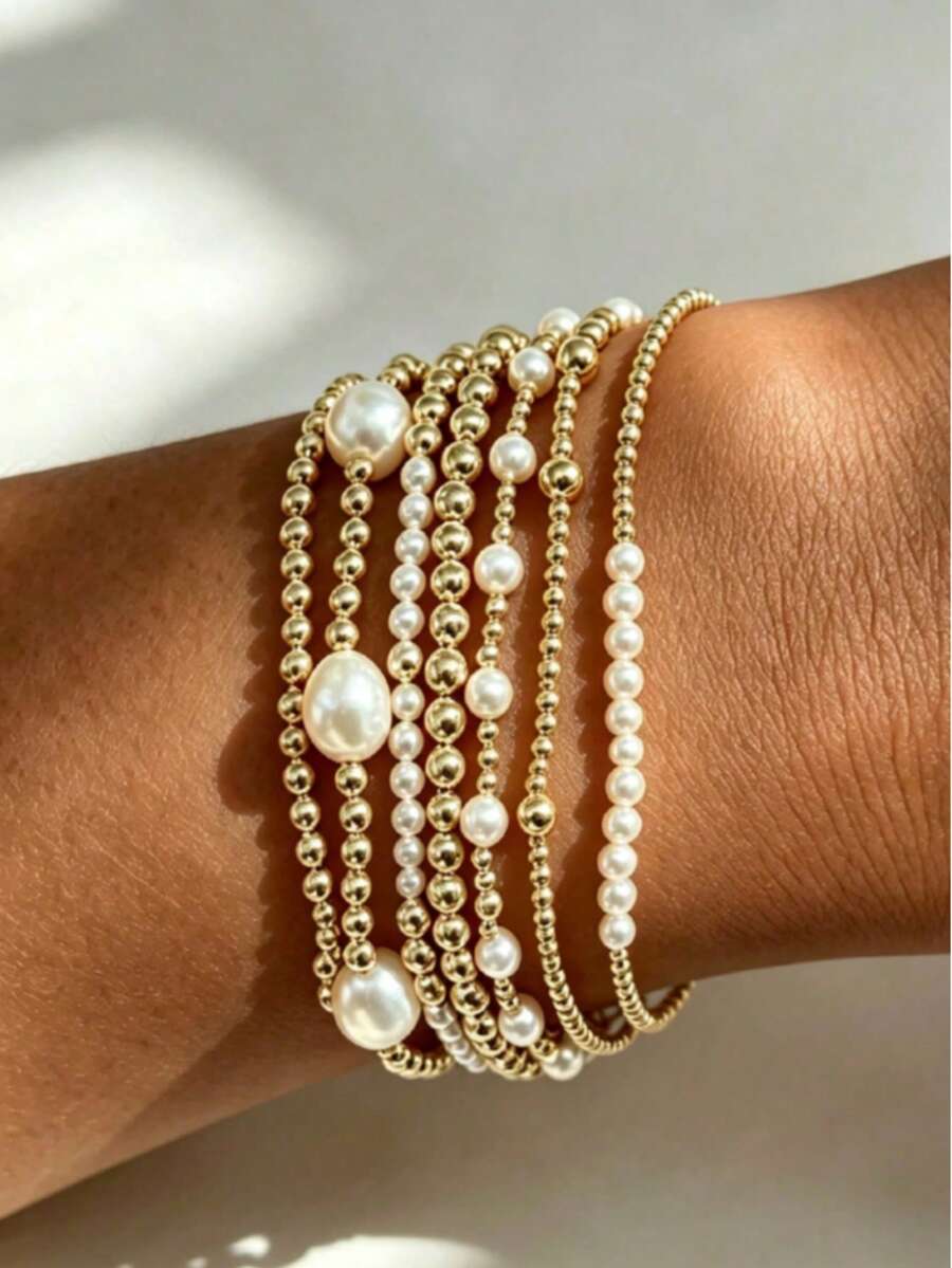 Bộ 7 vòng tay co giãn nhiều lớp đính hạt vàng và ngọc trai giả thời trang, vòng tay nữ đeo chồng, phù hợp mặc hàng ngày, đi du lịch và dự tiệc - Vàng - Xem 1