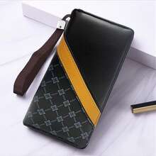 HOVI'S Men's Vintage Letter Pattern PU Leather Long Zipper Wallet, Colorblock Striped Design With Wrist Strap, 8 Card Slots Inner Zipper Pocket Clutch - Black - View 2