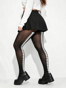 1 Pair Plus Size Women Gothic Y2K Skeleton Print Sheer Tights, Back Spine Seam + Full Leg Bone Dual Style, Subculture Pantyhose, Suitable For Halloween Cos Party Outfit - Black - Back Print Style - View 3