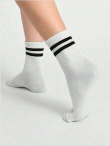 20 Pairs Women's Black & White Solid Color Double Stripe Socks, Women's Socks, Women's Compression Socks, Boot Socks, Sports Shoes, Couple Multi-Functional Breathable Mid-Calf Socks - Suitable For All Seasons, Autumn Clothing, Perfect For School, Daily Outdoor Leisure, Sports, Outdoor Picnic And Other Activities, Halloween, Christmas And Valentine's Day Gifts - Black and White - View 3