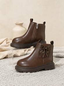 1 Pair Brown Short Boots, Solid Color Soft Bow Decor, Round Toe Soft Sole Inner Zipper Design, Fashion Classic Boots, Suitable For Daily Wear, School, Holiday, Party, Autumn/Winter New - Brown - View 3