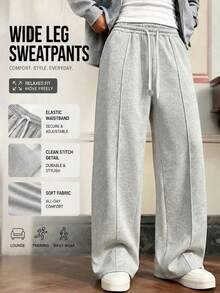 Men's Minimalist Solid Color Straight Leg Sweatpants - Featuring Drawstring Elastic Waist, Side Pockets, Made Of Fabric, Loose Fit Sports - Light Grey - View 2