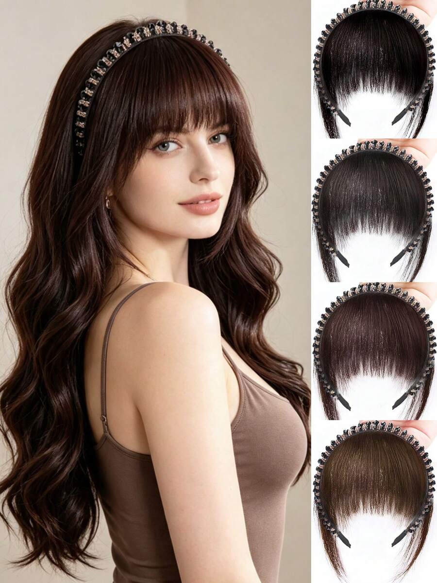 Headband With Integrated Bangs, Faux Hair With Rhinestones, Air Bangs Hairpiece To Cover White Hair On Forehead, Hairband Bangs Wig - Multicolor - View 1