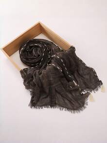 1pc Perforated Drawstring Tassel Hijab, Women Muslim Modest Headscarf, Hand‑Made Textured Tie‑Dye Scarf Shawl - Tassel String-through Textured Scarf - View 17