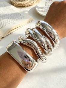 4/1pc Vintage Fashion Punk Style Silver CCB Wavy Twisted Open Cuff Bracelet Set, Suitable For Women's Daily Casual, Party, Vacation, Layering - Silver - View 4