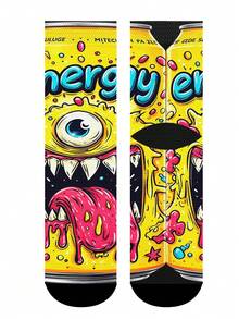 Cool 360° Printed Men's Socks - Street Style Socks, Graffiti Monster, Hip Hop Big Mouth Monster, Colorful, Fun Socks, Suitable For Daily, Holiday And Party Occasions - Yellow - View 8