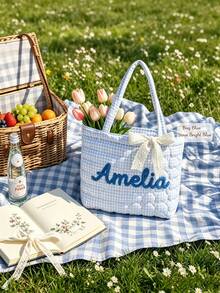 1pc Personalized Name Quilted Plaid Tote Bag, Customized Checkered Shoulder Bag, Bridesmaid Gift, Embroidered Name, Lightweight Shopping Handbag - Multicolor - View 9