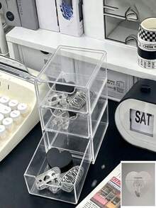 Three Drawer Jewelry Storage Box, Large Capacity Desktop Storage Box, Suitable For Earrings, Hair Accessories, Cosmetics, Multi-Functional Small Item Drawer Storage Box, Bedroom, Office Desktop Decoration Storage And Organization Box, Christmas Gifts - Multicolor - View 2