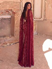 Faeriesty Women's Charming Strapless Mermaid Long Lace Formal Dress, Pearl Embellished Backless Design, Suitable For Prom And Evening Party - Burgundy - View 2