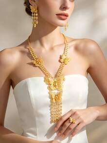 4pcs Bohemian Women's Gold-Plated Butterfly Tassel Necklace, Earrings, Ring Set, Suitable For Wedding Wear And Holiday Exquisite Gift - Gold - View 2