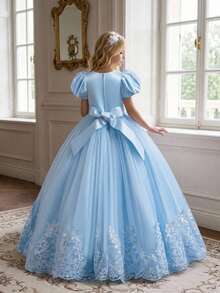 Young Girls 3D Floral Embroidered Mesh Elegant Princess Dress, Suitable For Parties, Headband Not Included - Baby Blue - View 3