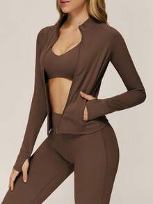 TimeOff Women's One Set Autumn/Winter Solid Color Small Stand Collar Zipper Jacket With Thumb Holes And Side Pockets, Butt-Lifting Flared Pants 2 Pieces Set - Chocolate Brown - View 7