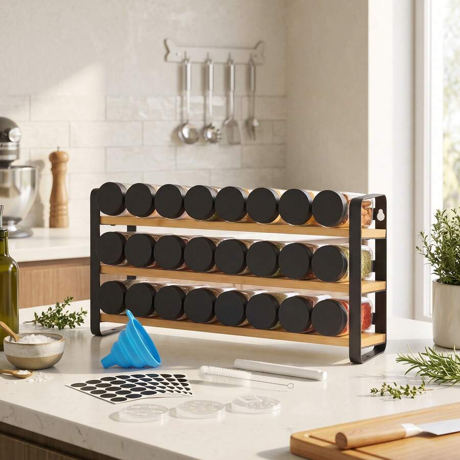 SONGMICS Gewürzregal mit 24 Gewürzgläsern, Gewürz-Organizer, Küchenregal, mit Etiketten und Zubehör, schwarz-naturfarben - Schwarz‑Natur - Übersicht 1
