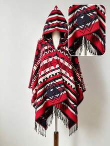 1pc Striped Geometric Jacquard Tassel Hooded Shawl For Daily Wear - Multicolor - View 1