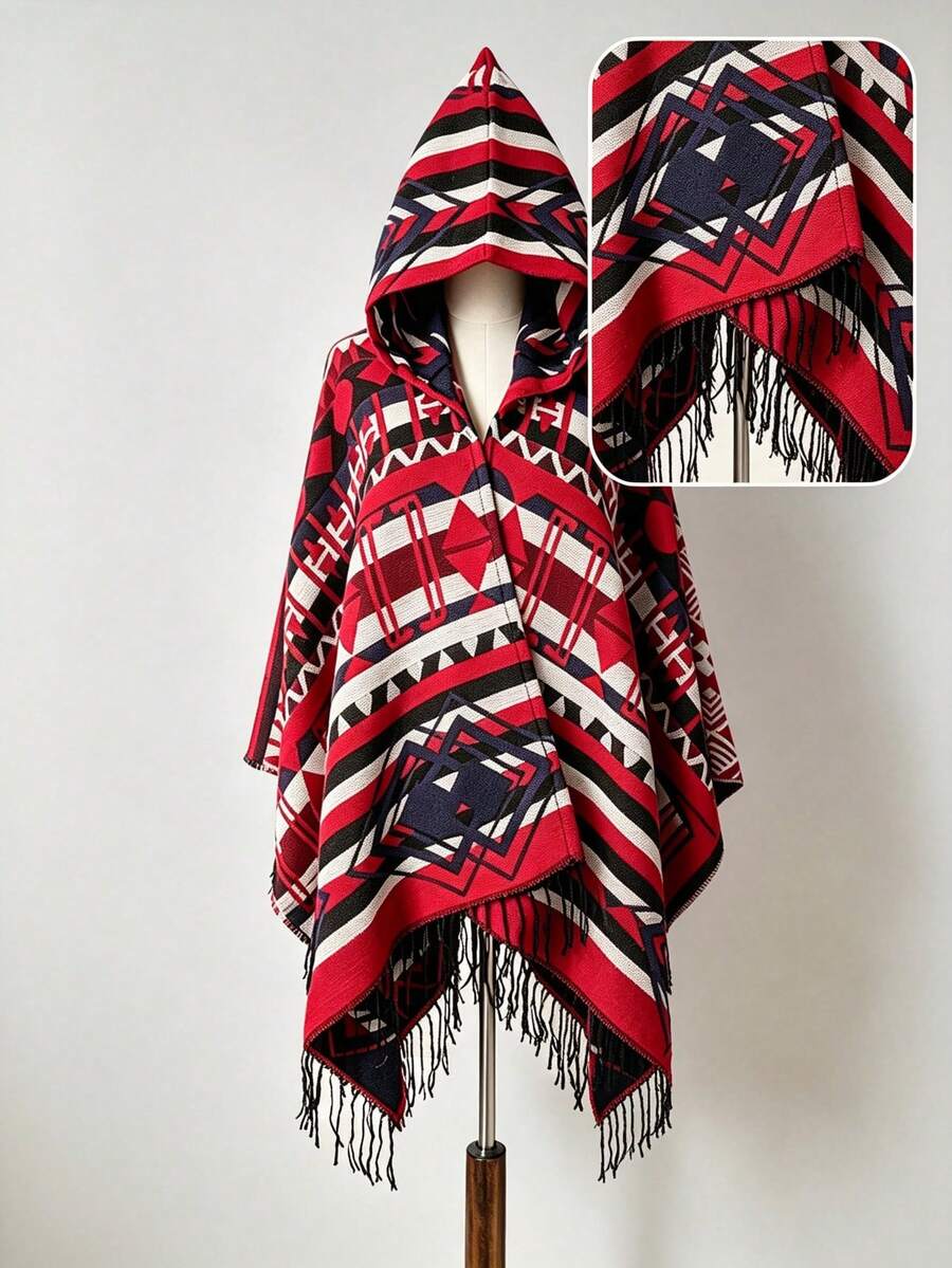 1pc Striped Geometric Jacquard Tassel Hooded Shawl For Daily Wear - Multicolor - View 1