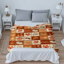 1pc Hello, Autumn Patchwork Flannel Blanket, Pumpkin, Maple Leaf & Acorn Plaid Print, Soft & Comfortable, Suitable For Sofa, Bed & Home Decor Autumn Blanket - Multicolor - View 8