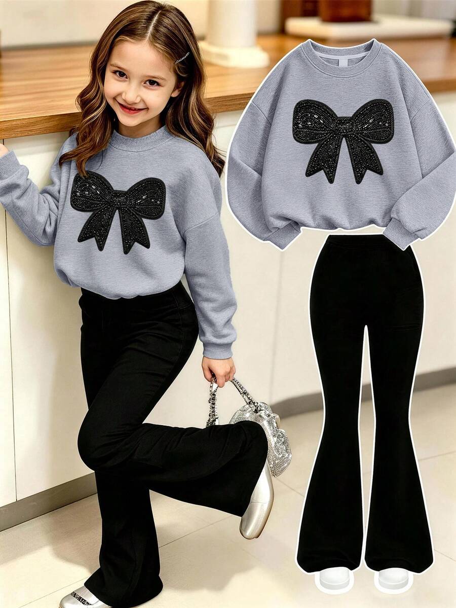 2pcs/Set Crew Neck Sweatshirt & Flare Pants Outfit For Girls, Black Lace Bow Print Crew Neck Sweatshirt + Flare Pants Set, Suitable For Autumn/Winter, Campus Style, Homecoming Outfit - Multicolor - View 1
