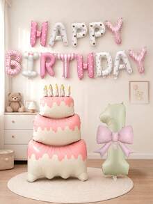 16件組生日氣球套裝，16英吋生日快樂字母氣球、60英吋立式蛋糕箔氣球、40英吋奶油色0-9數字箔氣球、粉色蝴蝶結氣球，適用於生日派對、嬰兒洗禮裝飾 - 粉色 - 查看 2