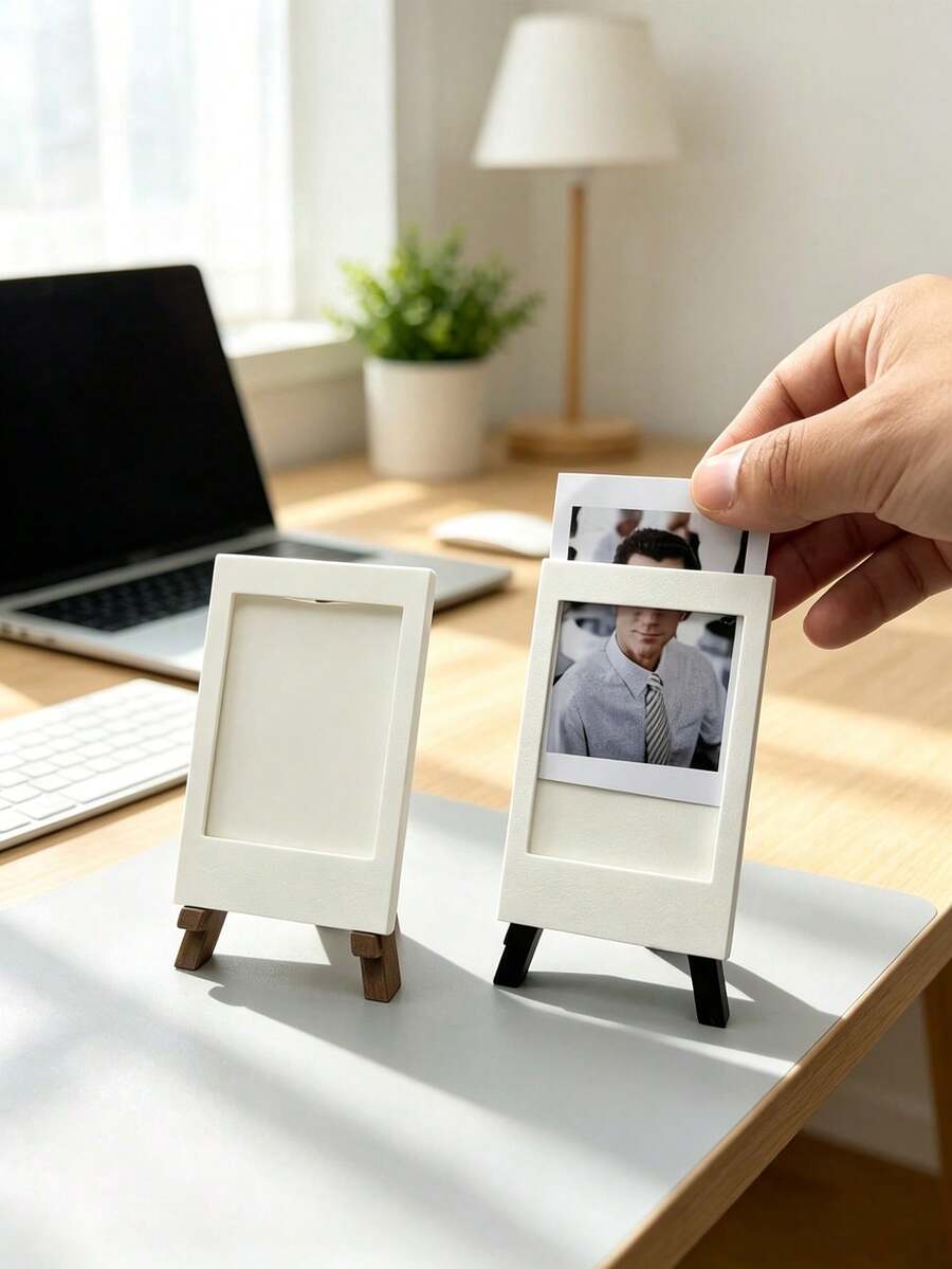 White Mini Instant Photo Frame With Wooden Easel Stand, Reusable Tabletop Picture Display Holder, Small Desktop Photo Ornament, Multi‑Purpose Home Office Desk Decor, Holiday Gift For Friends Family, Birthday & Anniversary Present - Multicolor - View 1