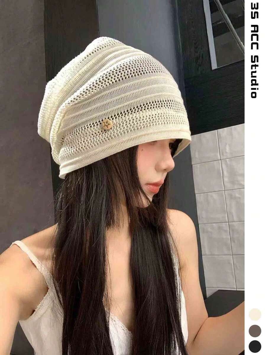 女款鏤空鈕扣薄款鬆垮針織帽,夏季手工鉤編鏤空薄款大尺寸透氣針織帽,修臉大頭圍鬆垮帽,夏季薄款針織帽,鉤編針織帽,手工鏤空花卉針織帽 - 洞洞涼感帽 - 查看 1