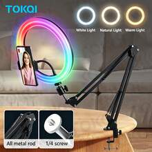 TOKQI RGB Color LED Lighting Set ,10'' Detachable Ring Fill Light With Adjustable Angle Phone Holder Arm And Phone Mount,Dimmable LED Selfie Light,Compatible With Multi Model Phones,Suitable For Recording, Live Streaming,Makeup, Nail Art, Cooking,Shooting - one-size - View 2