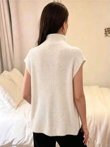 Apricot Ribbed Semi-High Neck Sleeveless Loose Knit Vest Top Casual Knit Tank Top Daily Street Style Coffee Outing Light Commute O - Apricot - View 5