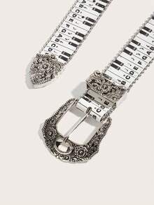 1pc Women's Piano Key Embossed Western Cowgirl Style Heavy Beaded Buckle Fashion PU Belt Suitable For Daily Use - Black and White - View 4