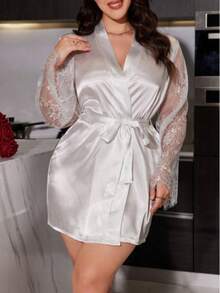 Plus Size White Satin Sheer Lace Long Sleeve Tie Front Short Robe Bridal Morning Robe Loungewear - White - View 3