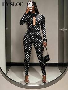 DVSLOE Polka Dot Digital Print Knit Jumpsuit, Mock Neck Long Sleeve Keyhole Cutout Slim Fit Long Pants Jumpsuit - Black - View 6