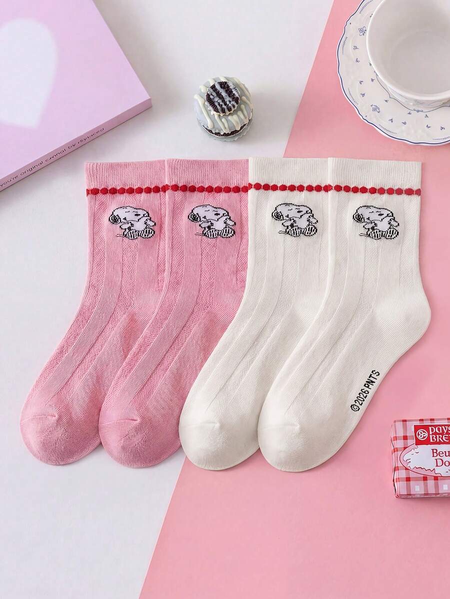 1/2 Pairs Snoopy Socks For Women, Lace Trim Mid-Calf Socks, Red & Pink, Autumn/Winter, Sports Socks, Couple Socks - Multicolor - View 1