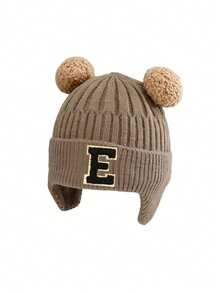 1pc Infant Ribbed Knitted Earflap Beanie With A-Z Letter , Cute Double Pom Pom Bear Ear Decor Winter Warm Toddler Hat Suitable For 1-3 Years Old - Khaki - View 8