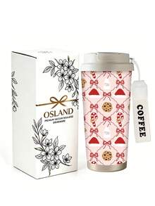 1pc/5pcs 500ml Pink Christmas Dessert Travel Mug, Double-Wall Stainless Steel Insulated Cup, Christmas Hat, Candy Cane, Cookie And Bow Holiday Print Design, Portable Coffee Cup With COFFEE Printed Lanyard, Suitable For Daily Commute - Pink - Christmas Hat Cookies - View 2