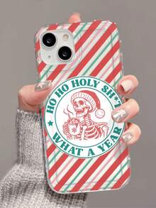 1pc Personalized Striped Christmas Skeleton Drink Slogan Pattern Transparent TPU Air Cushion Shockproof Phone Case Compatible With IPhone 16/16Pro/16Plus/15/15ProMax/15Pro/11/12/13/14ProMax/12Mini/13Mini/11Pro/11ProMax/12Pro/12ProMax/13Pro/13ProMax/14Pro/14ProMax Soft Shell Premium Quality - Multicolor - View 1