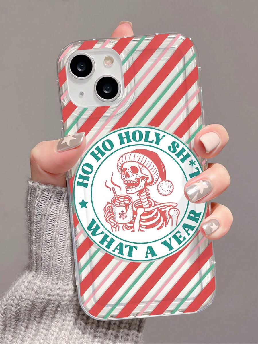 1pc Personalized Striped Christmas Skeleton Drink Slogan Pattern Transparent TPU Air Cushion Shockproof Phone Case Compatible With IPhone 16/16Pro/16Plus/15/15ProMax/15Pro/11/12/13/14ProMax/12Mini/13Mini/11Pro/11ProMax/12Pro/12ProMax/13Pro/13ProMax/14Pro/14ProMax Soft Shell Premium Quality - Multicolor - View 1