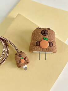 Cute Cartoon Capybara Orange Silicone Charger And Cable Protector Set, Compatible With Apple 18W 20W Charger, Anti-Break Spiral Cable Protector, Phone Charging Accessories - Brown - View 4