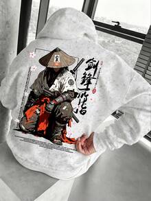 男士秋冬極簡時尚休閒面罩英雄印花水洗連帽衛衣套頭衫 - 白色 - 查看 3