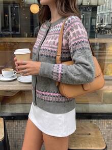 Women's Fall Winter Grey Fair Isle Knit Cardigan, Round Neck Single Breasted Long Sleeve, Retro Geometric Pattern Cropped Sweater Coat For Daily Wear - Grey - View 2
