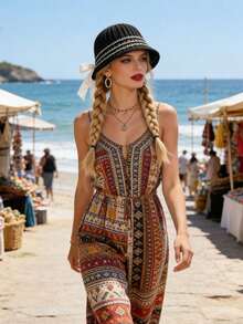 1 PC Women's Crochet Bow Ribbon Bucket Sunshade Hat - Lightweight Packable Faux Straw Sun Hat For Outdoor Beach Travel Hiking - Black - View 6