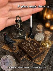 Miniature Model House Mysterious Magic Scene Decor Set, Crow, Book, Candlestick, Glass Magic Potion Bottle, Newspaper, Dollhouse Witch Divination Scene Desktop Decoration Accessories - one-size - View 8