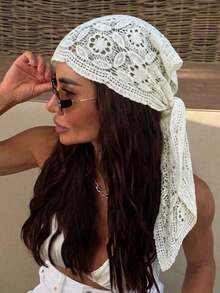 1pc White Lace Crochet Headscarf, Floral Knit, Breathable & Sun Protection, Bohemian Style, Suitable For Beach Vacation And Daily Wear - Multicolor - View 2