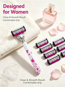 1 Handle + 6/12/18 Replaceable Blades Women's Manual Razor, Floral Pattern Non-Slip Shaving Razor, 6-Blade System, Painless Hair Removal, Suitable For Legs, Underarms, Bikini Area, Travel Supplies, Manual Body Razor, Women's Shaving Razor, Bikini Trimmer - A - View 1