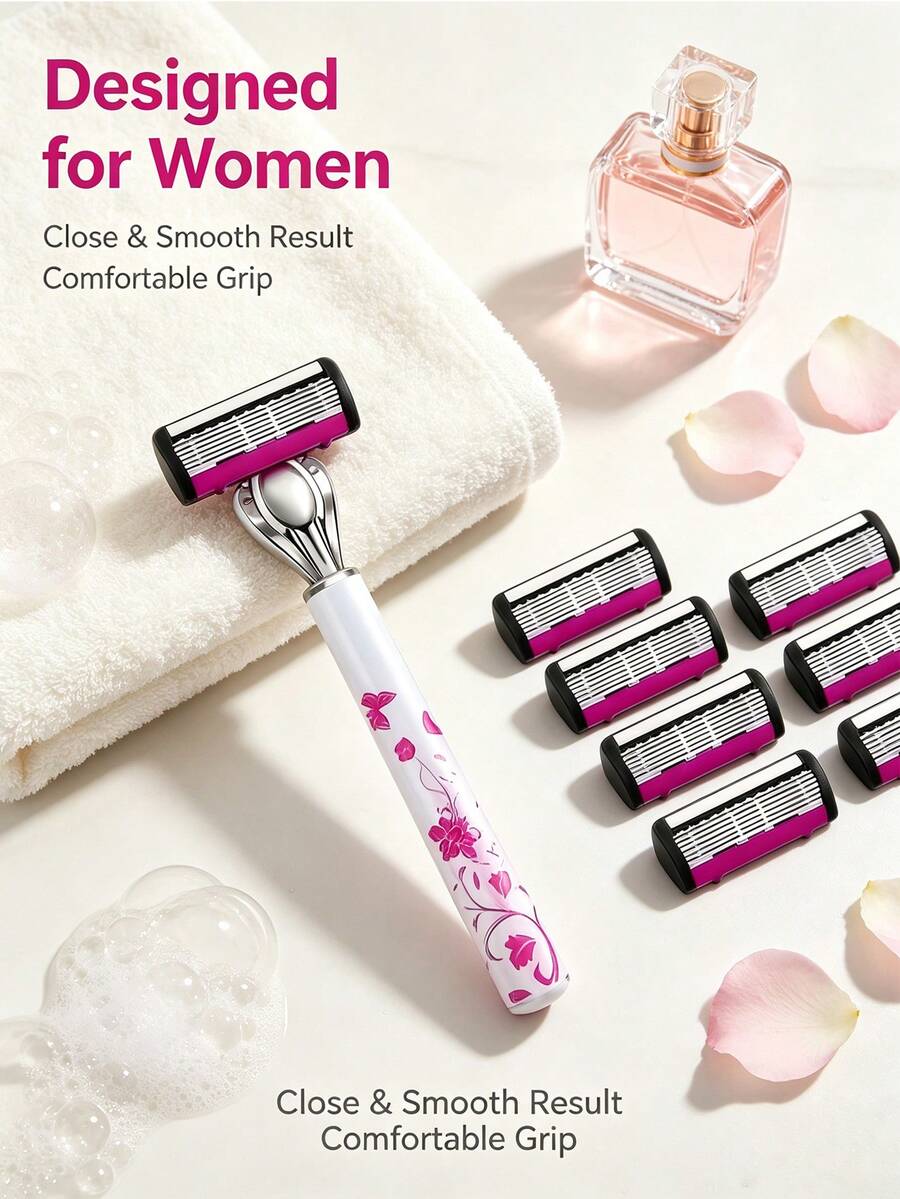 1 Handle + 6/12/18 Replaceable Blades Women's Manual Razor, Floral Pattern Non-Slip Shaving Razor, 6-Blade System, Painless Hair Removal, Suitable For Legs, Underarms, Bikini Area, Travel Supplies, Manual Body Razor, Women's Shaving Razor, Bikini Trimmer - A - View 1