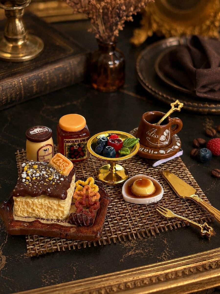 Miniature Chocolate Cake Model Afternoon Tea Decor Set, Model House Accessories Coffee Dessert Fruit Plate And Tableware Model Dollhouse Restaurant Scene Decoration - one-size - View 1