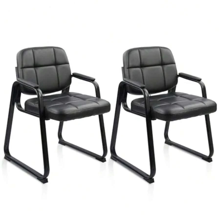 Waiting Room Guest Chair With Bonded Leather Padded Arm Rest For Office Reception And Conference Desk Black With Sled Base 2 Pack - Inky - View 1