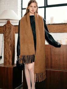 1PC Women's New Autumn/Winter Plush Tassel Scarf, Warm And Comfortable Large Shawl, Windproof And Warm For Outdoor Travel, Simple And Versatile For Daily Wear, Suitable For Christmas And Other Holidays - Dark Brown - View 8