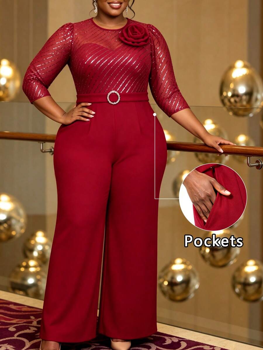 Curvy Women Elegant Burgundy Jumpsuits Sequin Mesh 3/4 Sleeve 3D Rose Rhinestone Belt Wide Leg Pants With Pockets Wedding Guest Church Party Outfit - Burgundy - View 1